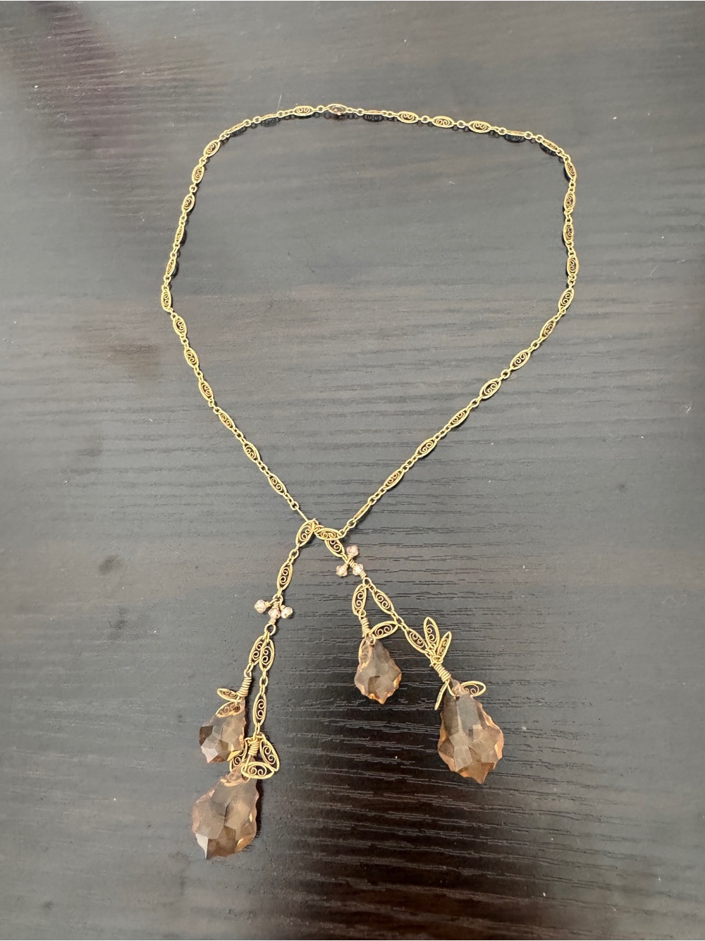 Handmade Artisan Gold Tone Lariat Necklace Faceted Crystal Drops Wire Wrapped